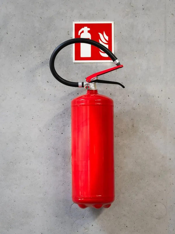 Extintor vermelho com mangueira, abaixo de uma placa de sinalização de extintor